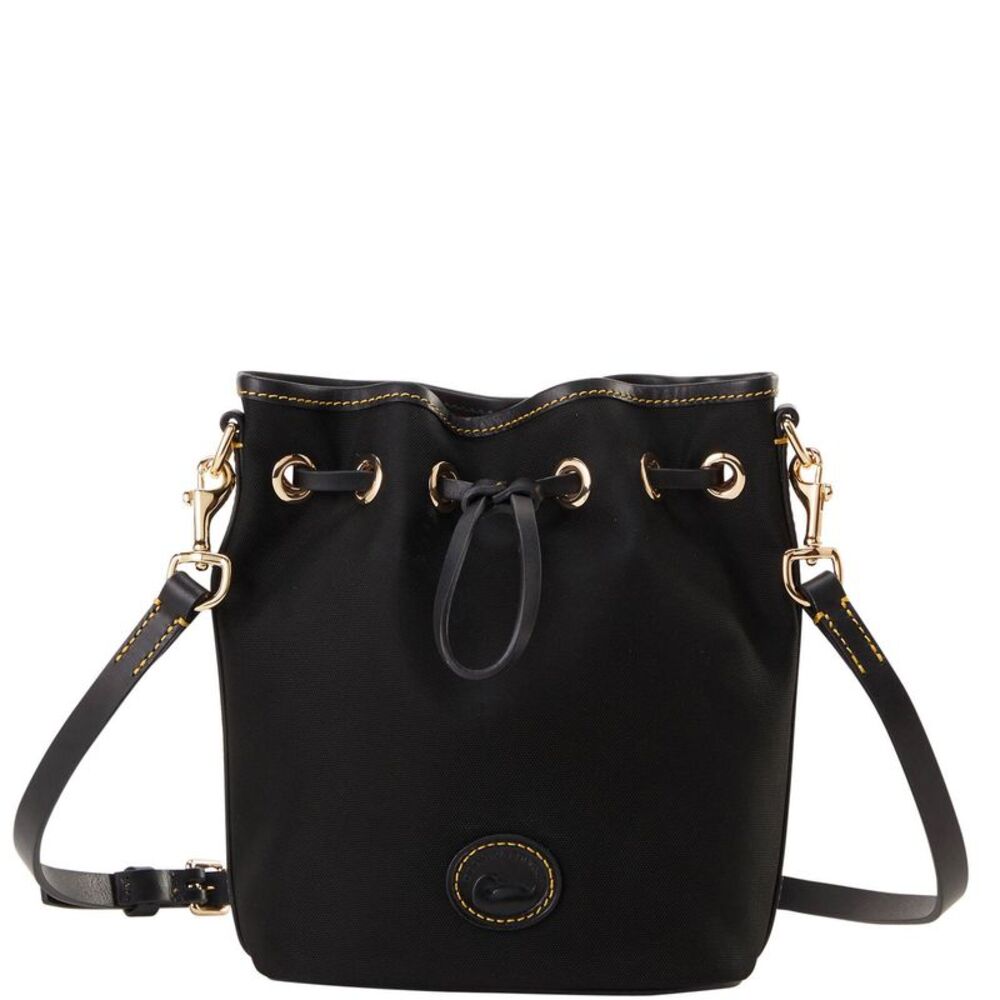 Dooney & Bourke Black Nylon Drawstring Bucket Shoulder Bag with Gold Hardware